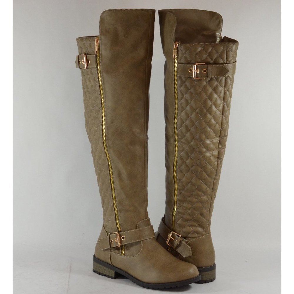 Women Over Knee Boots Quilted Back Faux Leather Upper Two Tone Design Taupe
